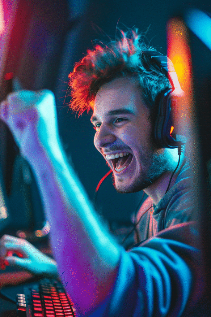 A man is looking at the screen and is happy because he just won a sport bet